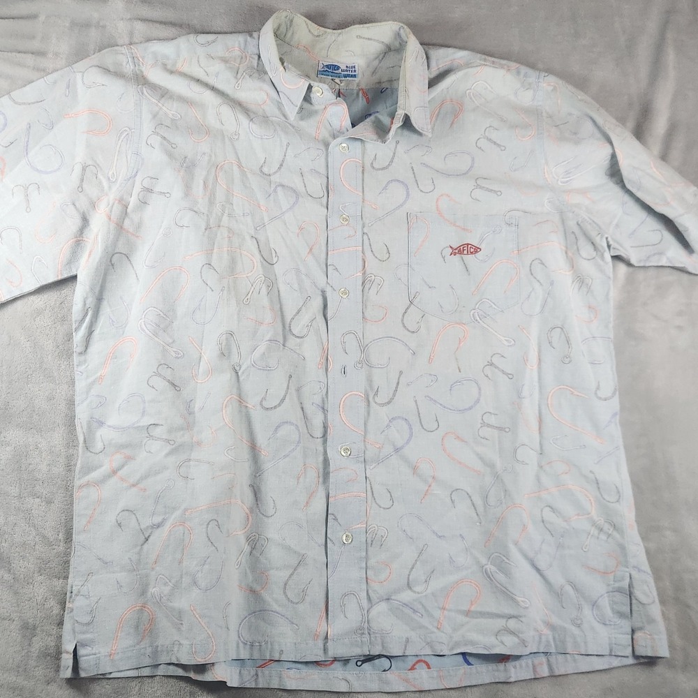 VTG AFTCO All Over Print Blue Water Wear Fishing Hook Print Mens XXL USA Fishing